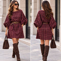 Jurk geruit bordeaux met riem