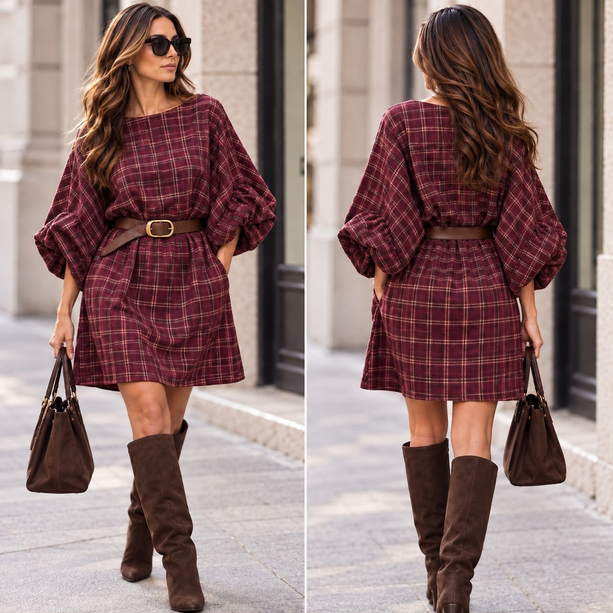 Jurk geruit bordeaux met riem