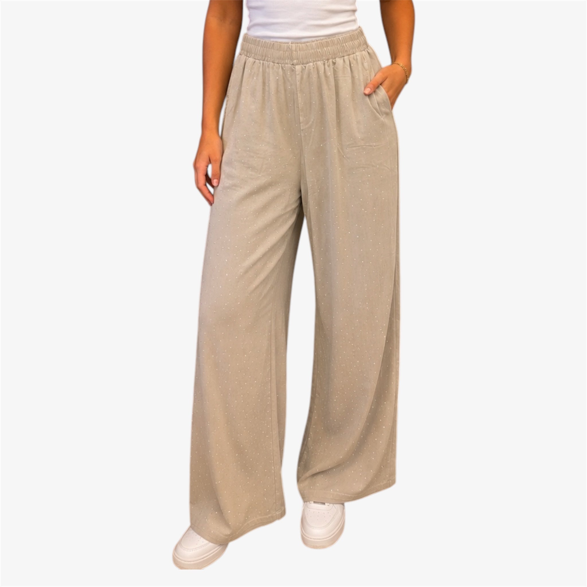 Pantalon met steentjes taupe