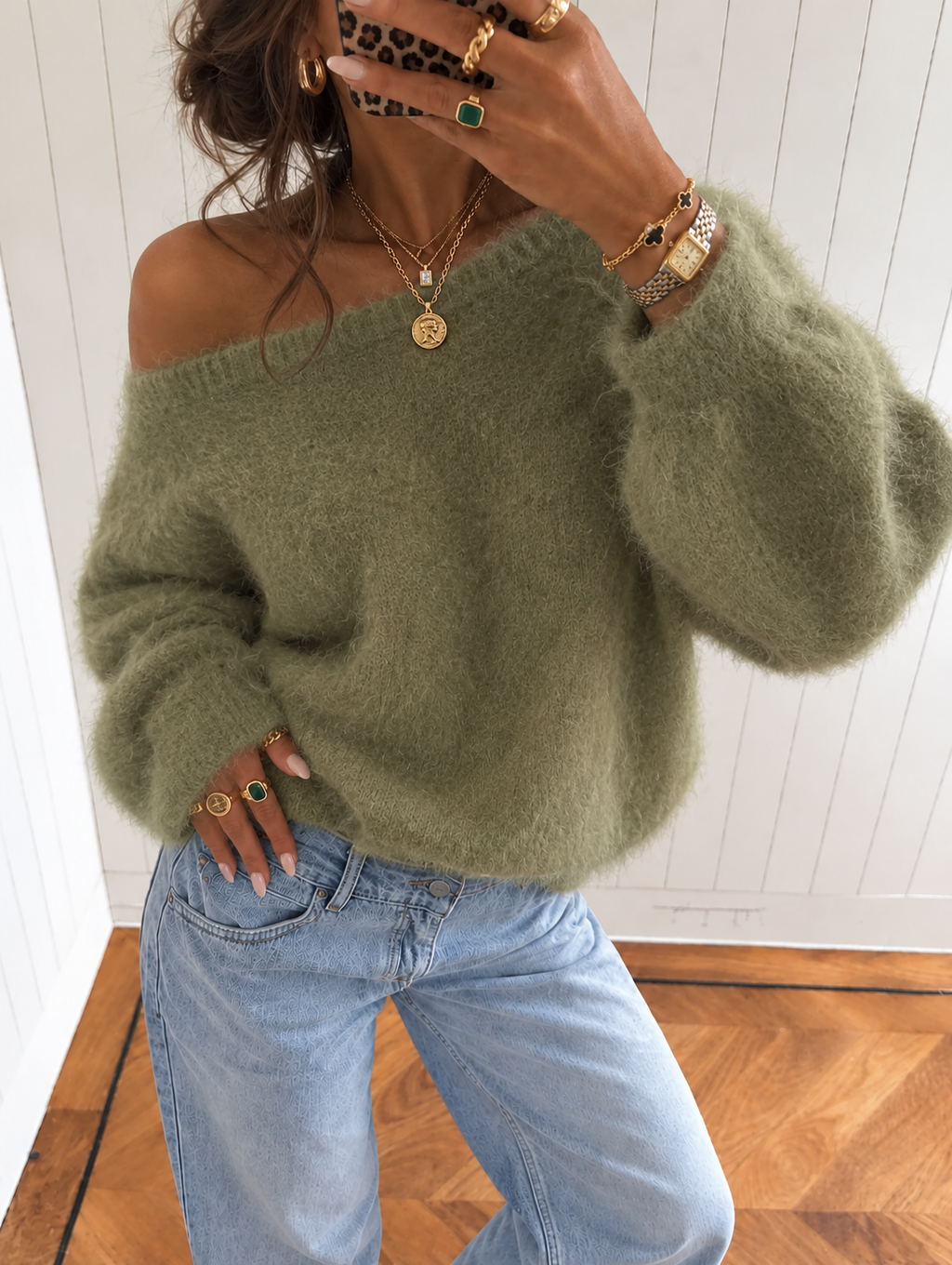 Off schoulder knit pistache