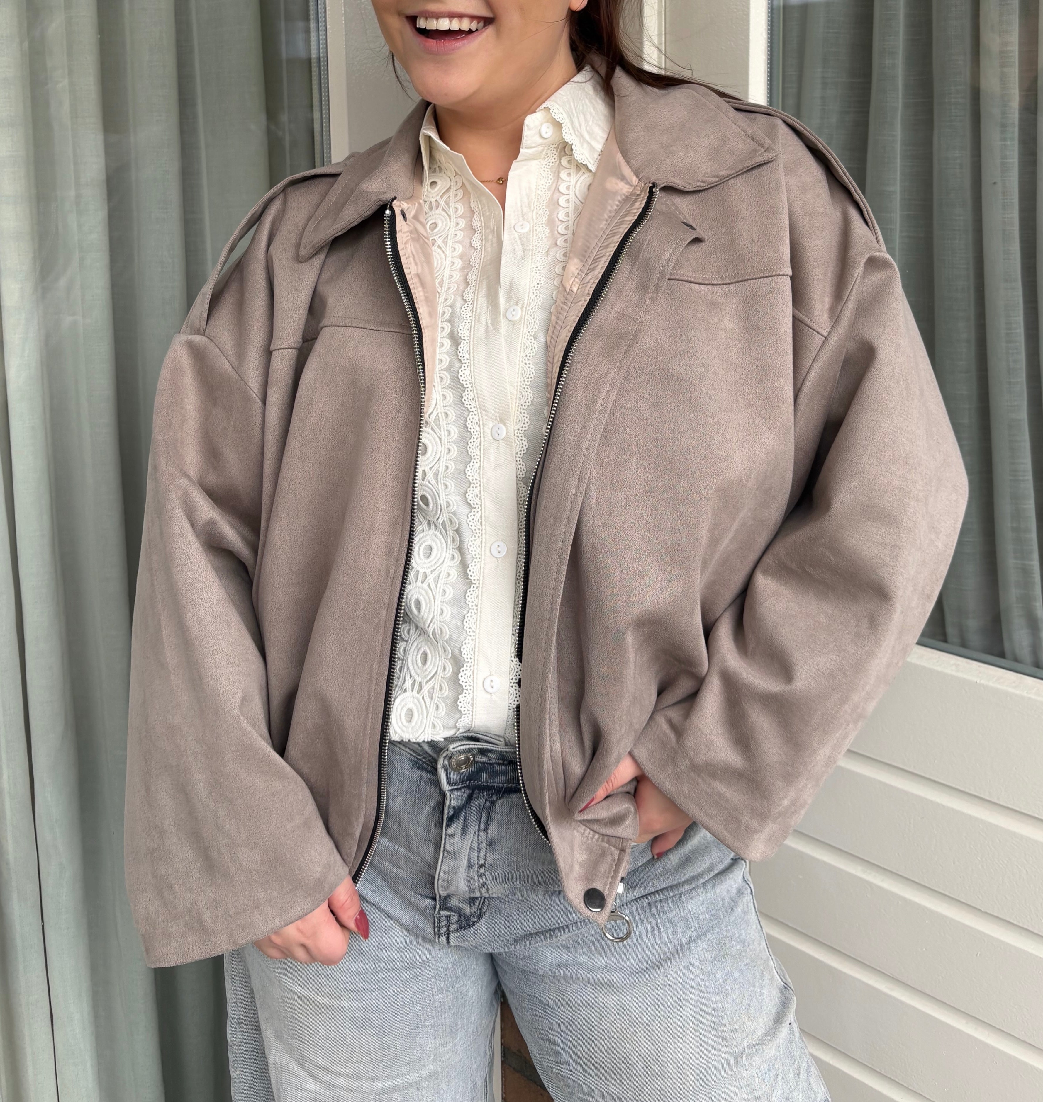 Suède jas taupe