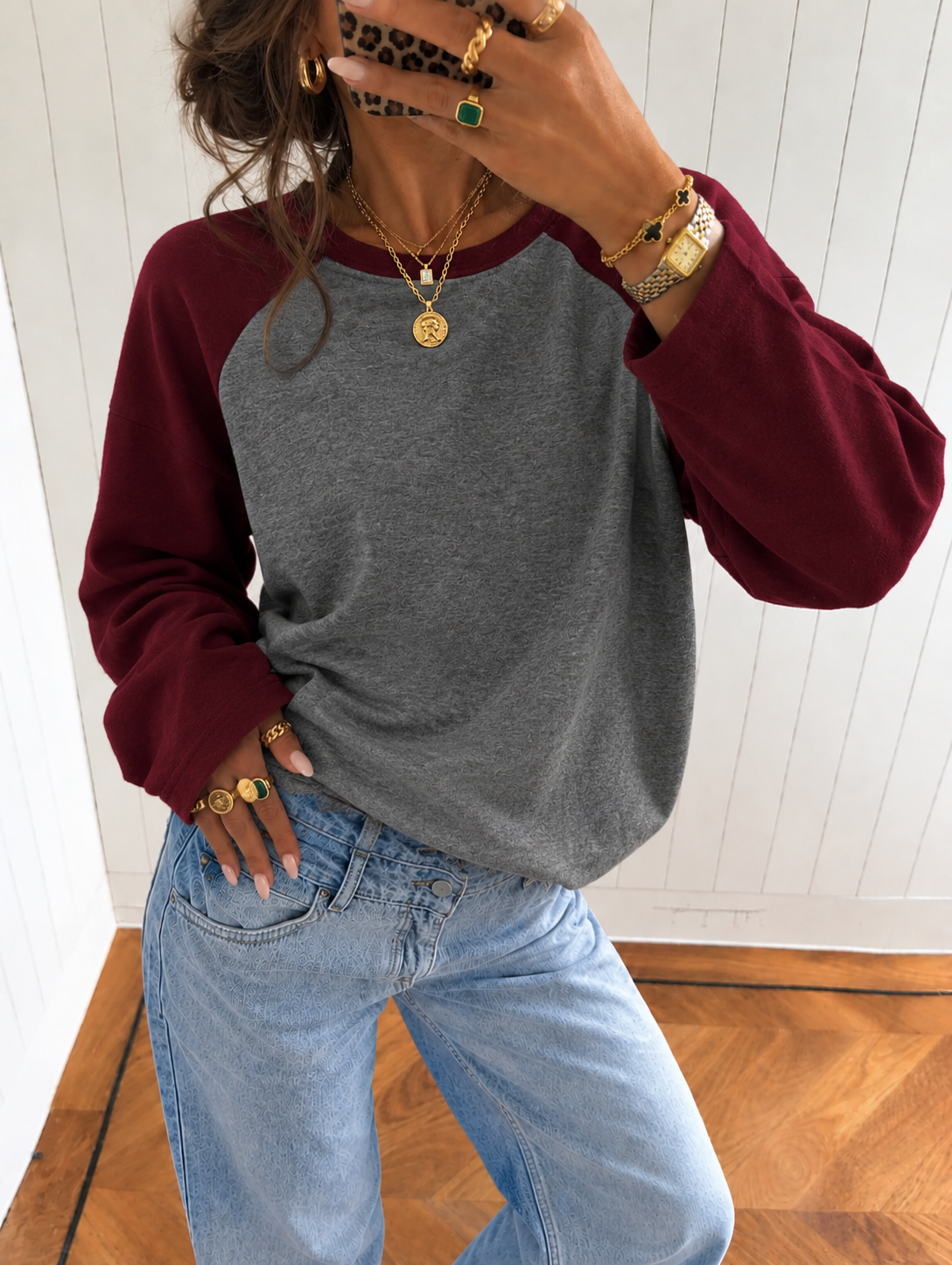 Basic longsleeve grijs bordeaux